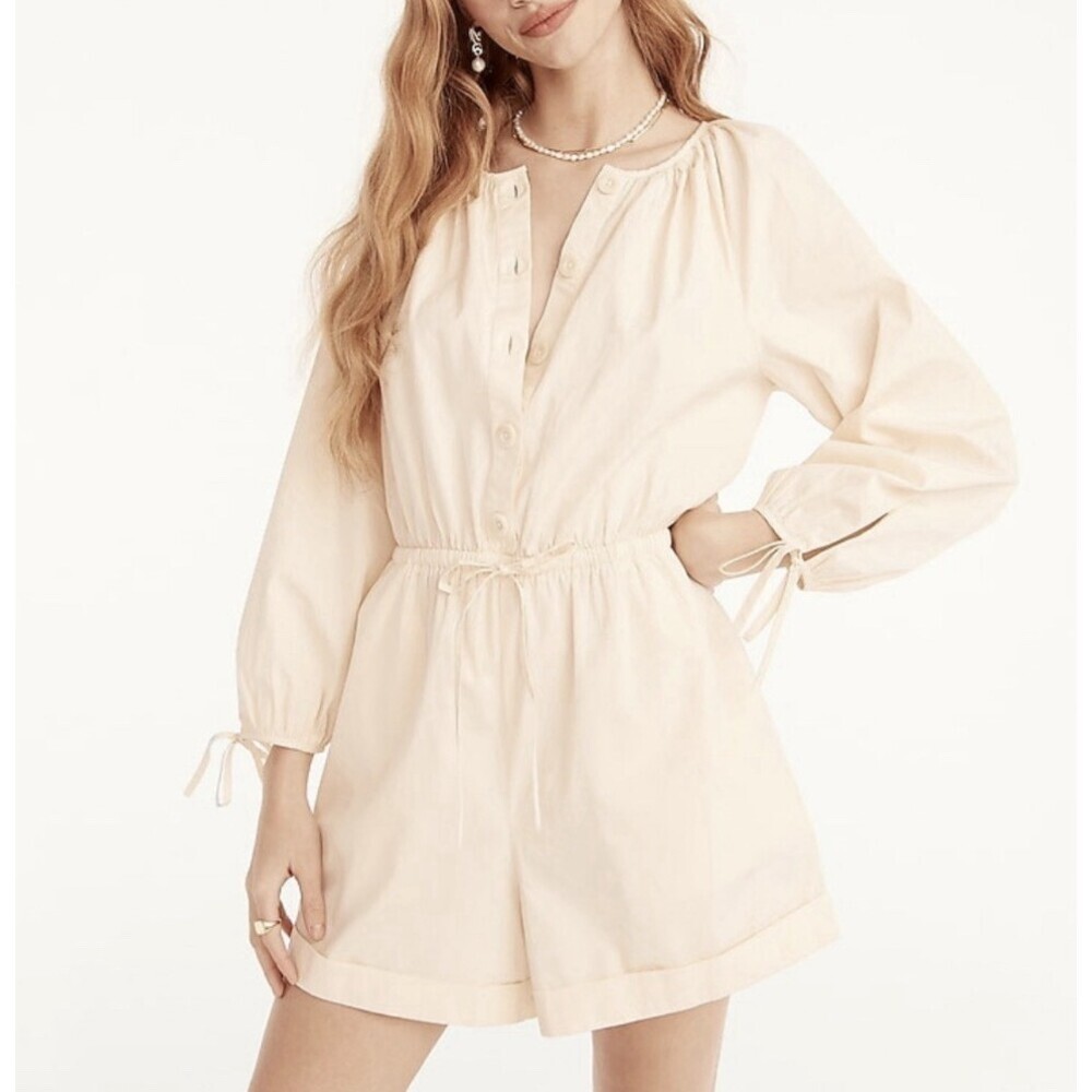 J. Crew Women’s Cotton Poplin Tie-Sleeve Button Front Romper in Palest Peach XXS